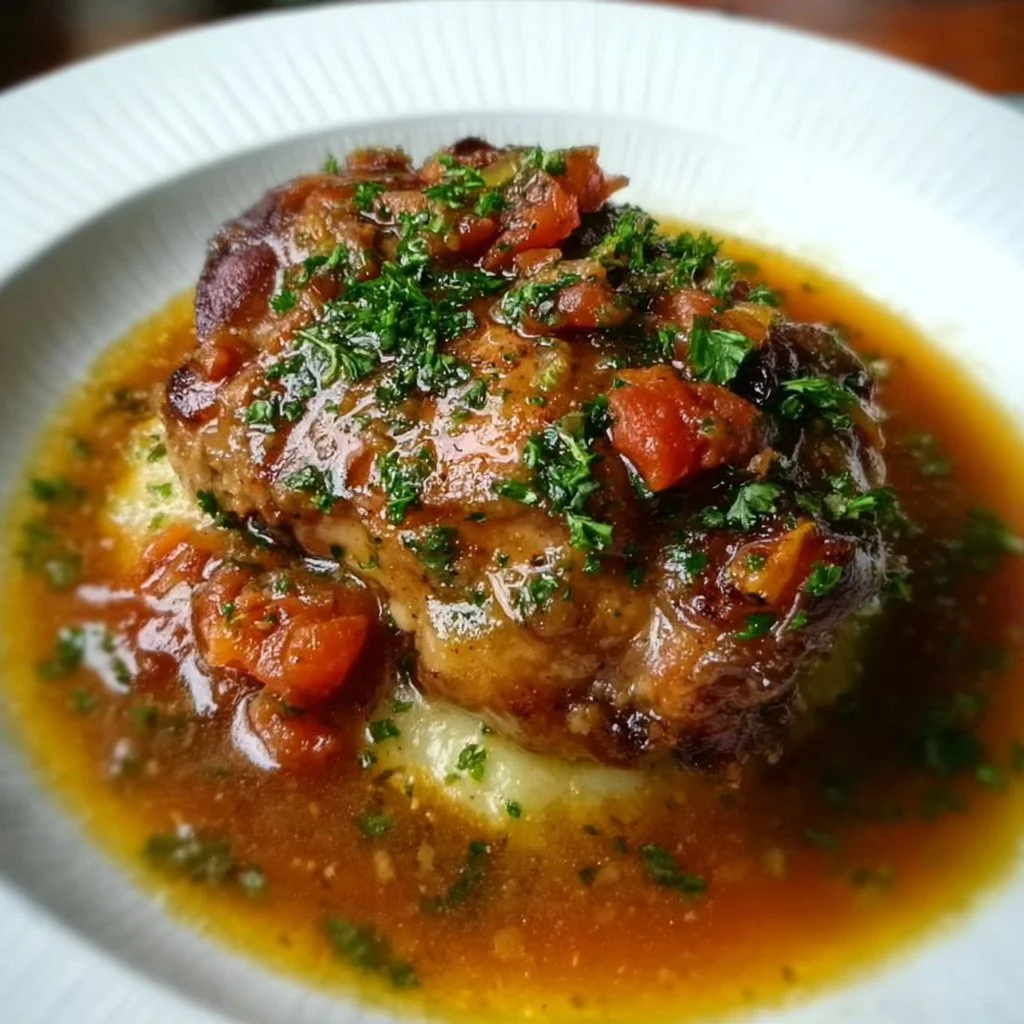 Delicious Chicken Thigh Osso Buco served with vegetables and herbs
