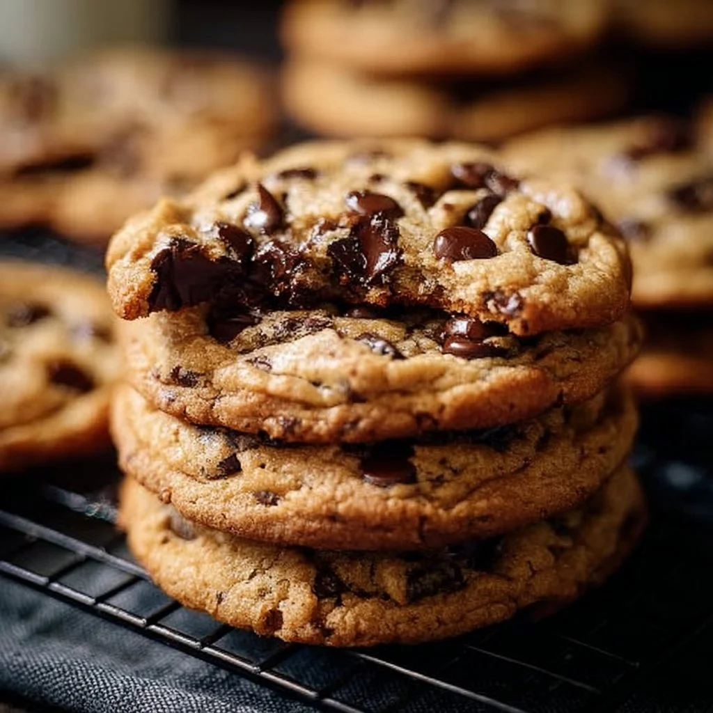 Freshly baked chocolate chip cookies on a cooling rack