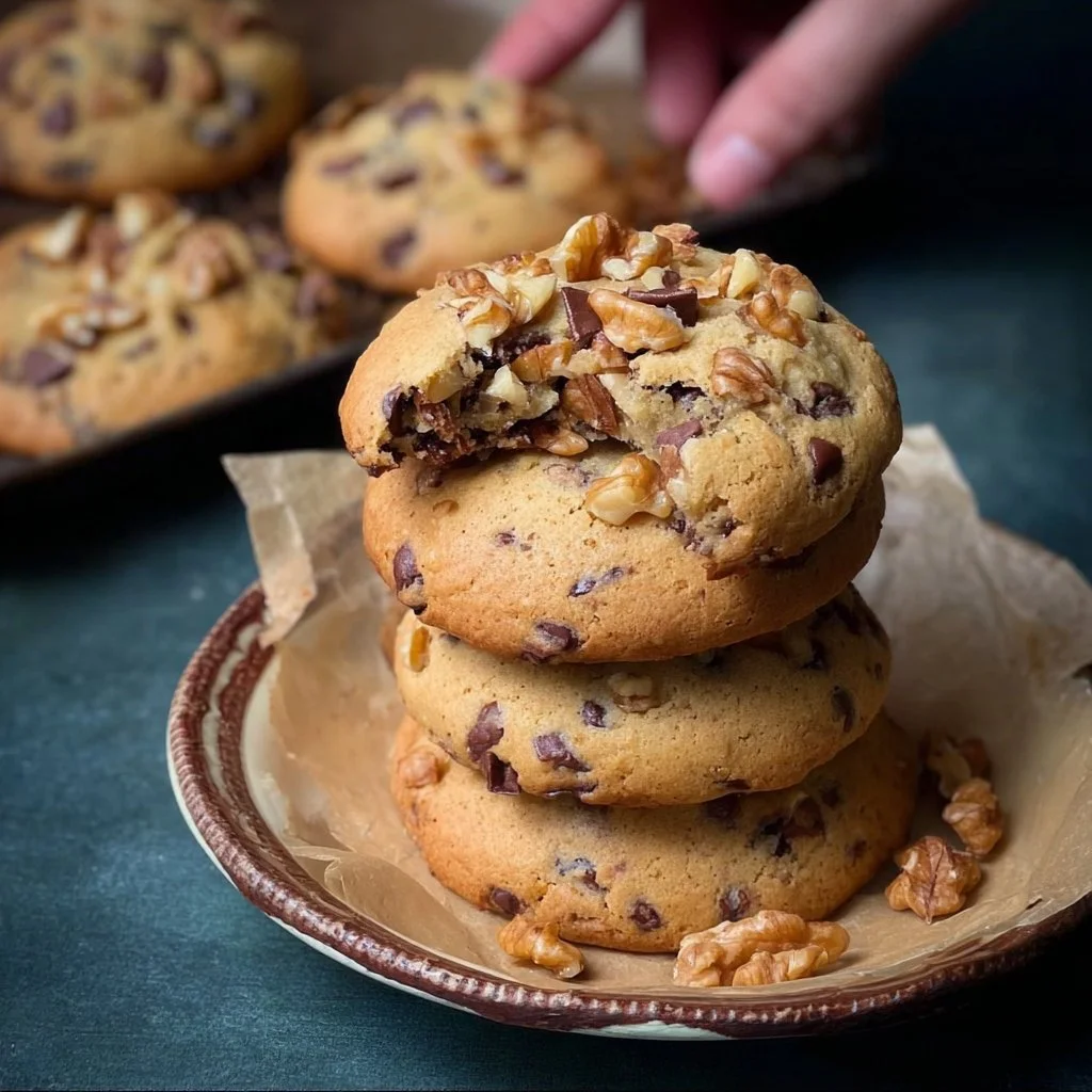 Delicious homemade chocolate chip walnut cookies on a baking tray