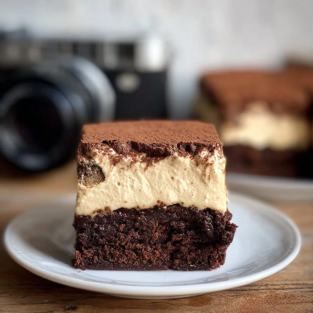 Delicious Chocolate Tiramisu Brownies topped with cocoa powder.