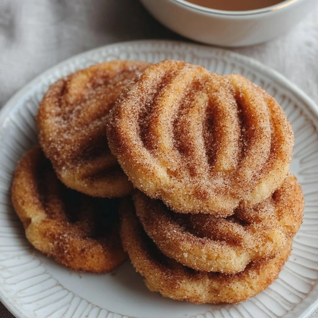 Freshly baked churro cookies sprinkled with cinnamon sugar