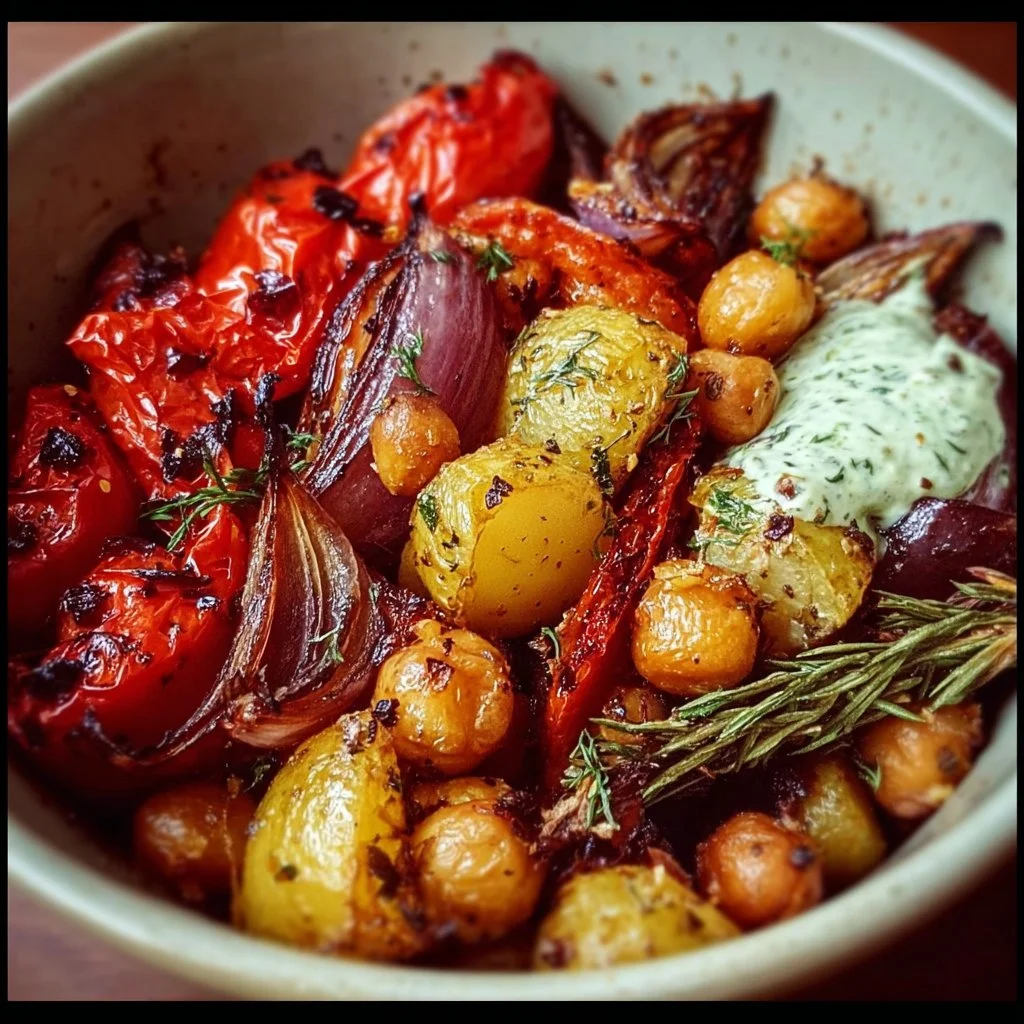 Bowl of classic Mediterranean roasted vegetables with vibrant colors and herbs.
