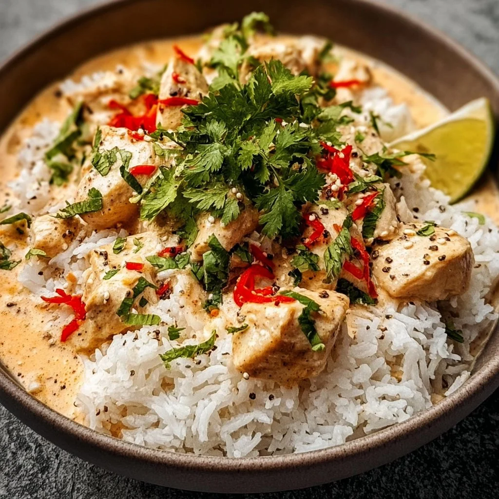 Delicious Coconut Chicken Rice Bowl topped with fresh herbs and served in a bowl