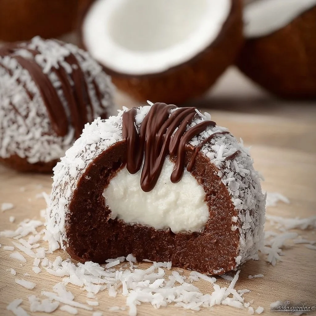 Coconut Dome with Chocolate 3 Coconut Dome with Chocolate dessert featuring creamy coconut and rich chocolate layers