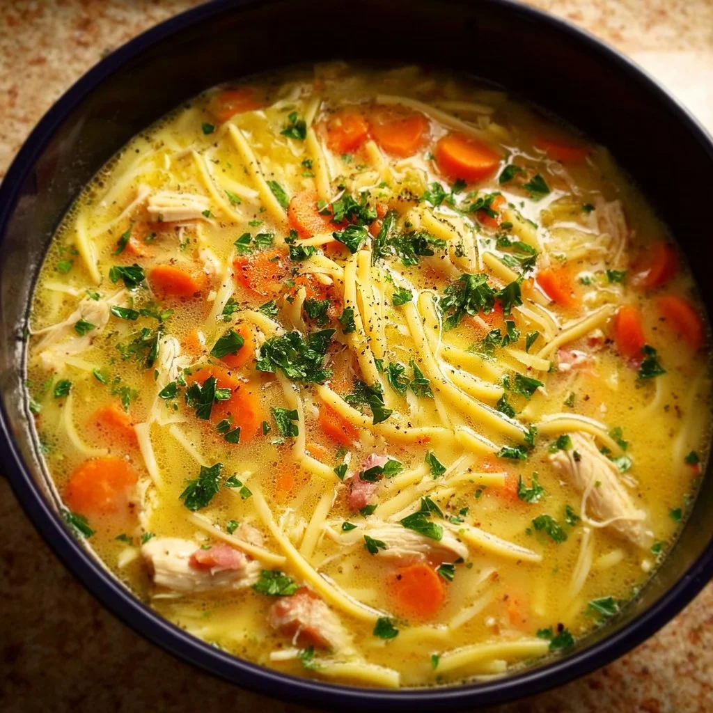 Bowl of comforting Crack Chicken Noodle Soup with fresh herbs