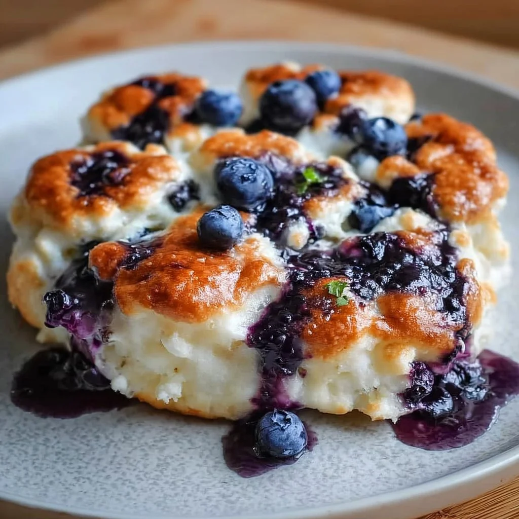 A slice of Cottage Cheese Blueberry Cloud Bread on a plate with fresh blueberries