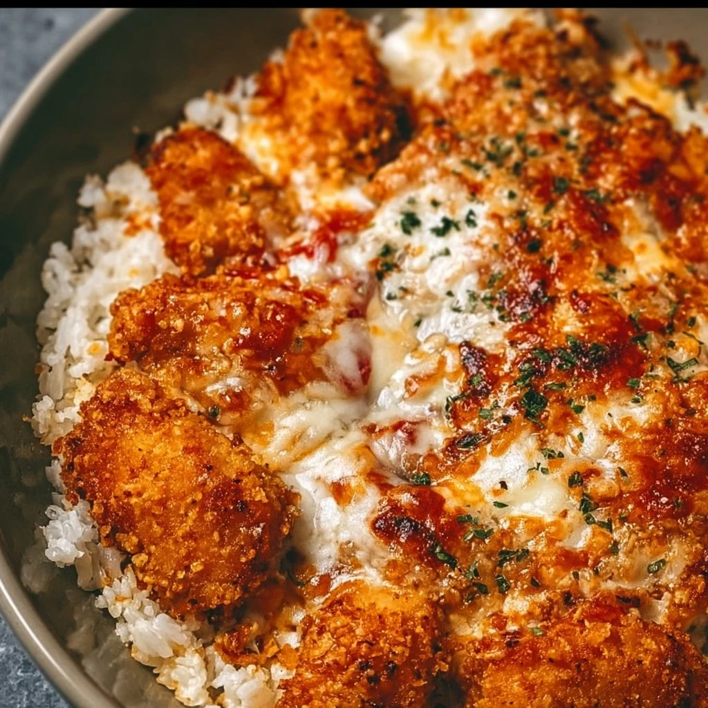 Cottage cheese chicken parmesan bowl topped with fresh herbs and cheese