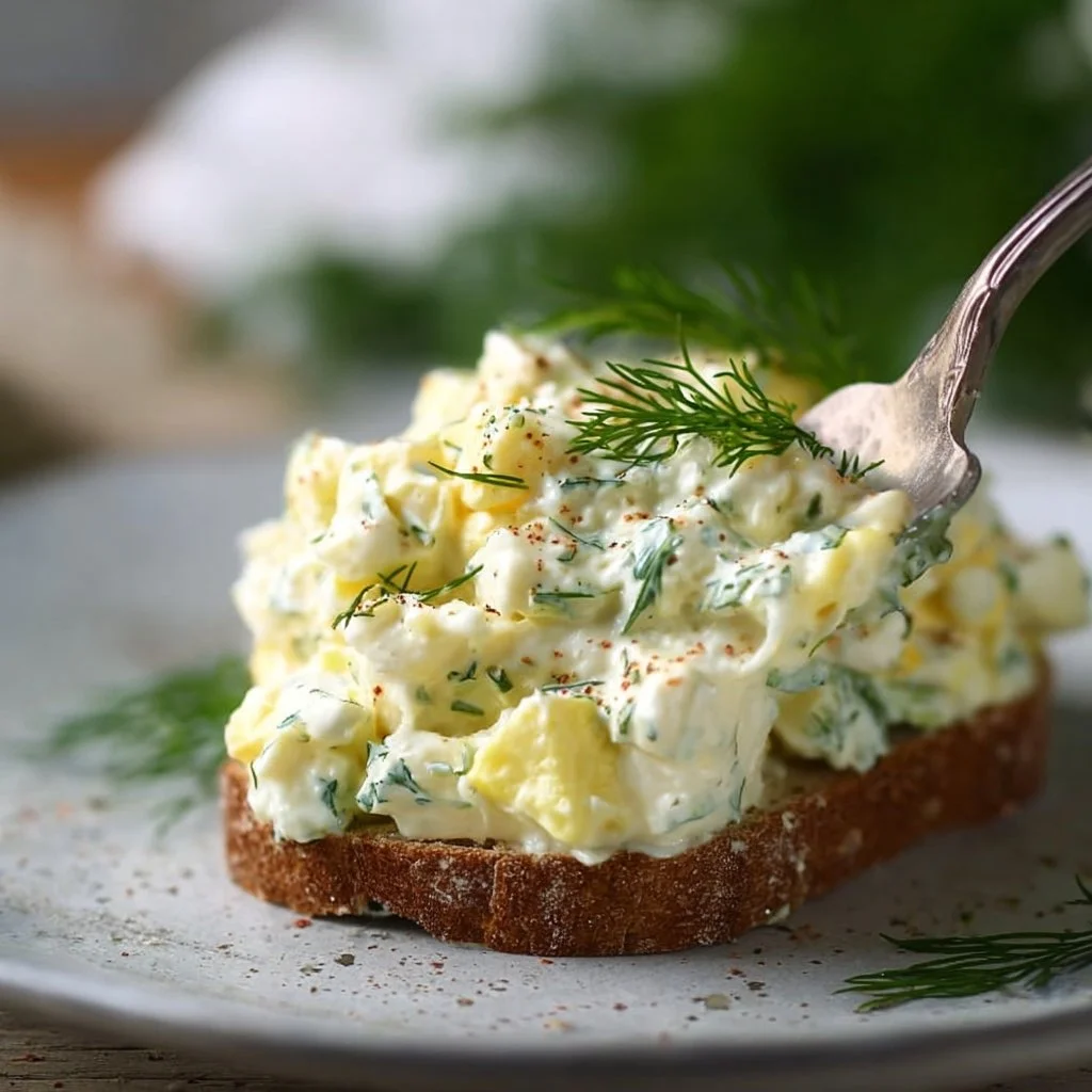 Cottage cheese egg salad served in a bowl with fresh herbs.