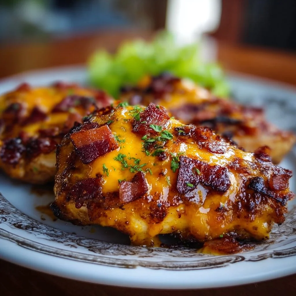 Delicious Cowboy BBQ Bacon Cheddar Chicken on a grill plate