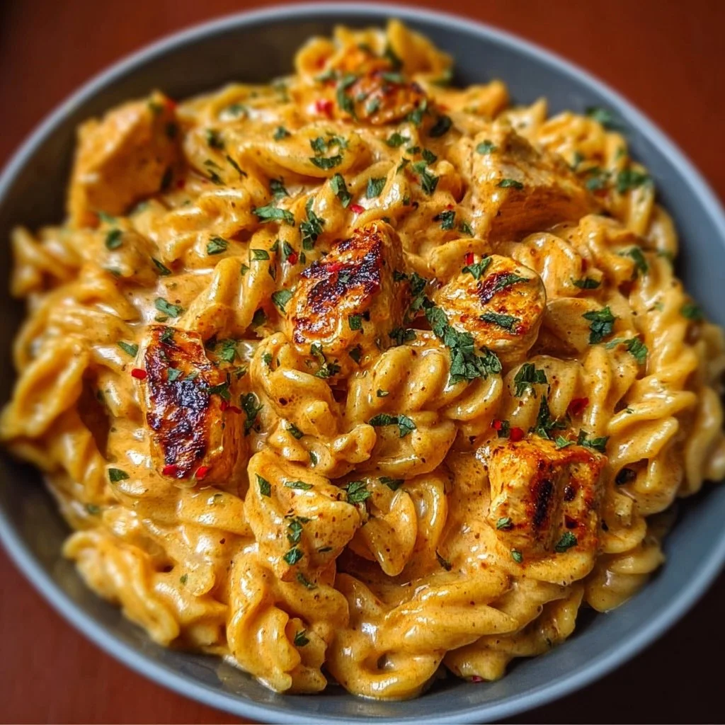 Delicious Cowboy Butter Chicken Pasta topped with fresh herbs and spices.