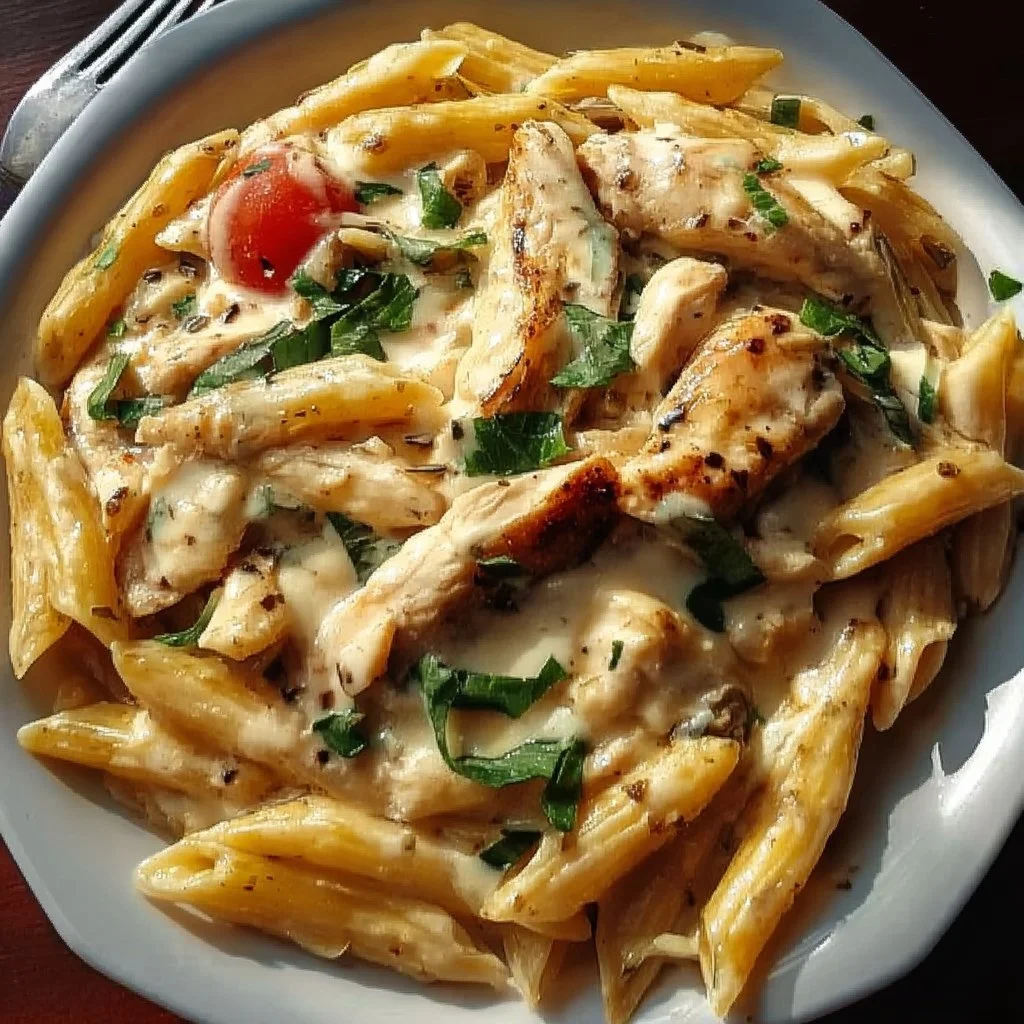 Crac Chicken Penne: A Quick, Creamy Dinner Adventure 3 Creamy Crac Chicken Penne dish served in a bowl, garnished with herbs.