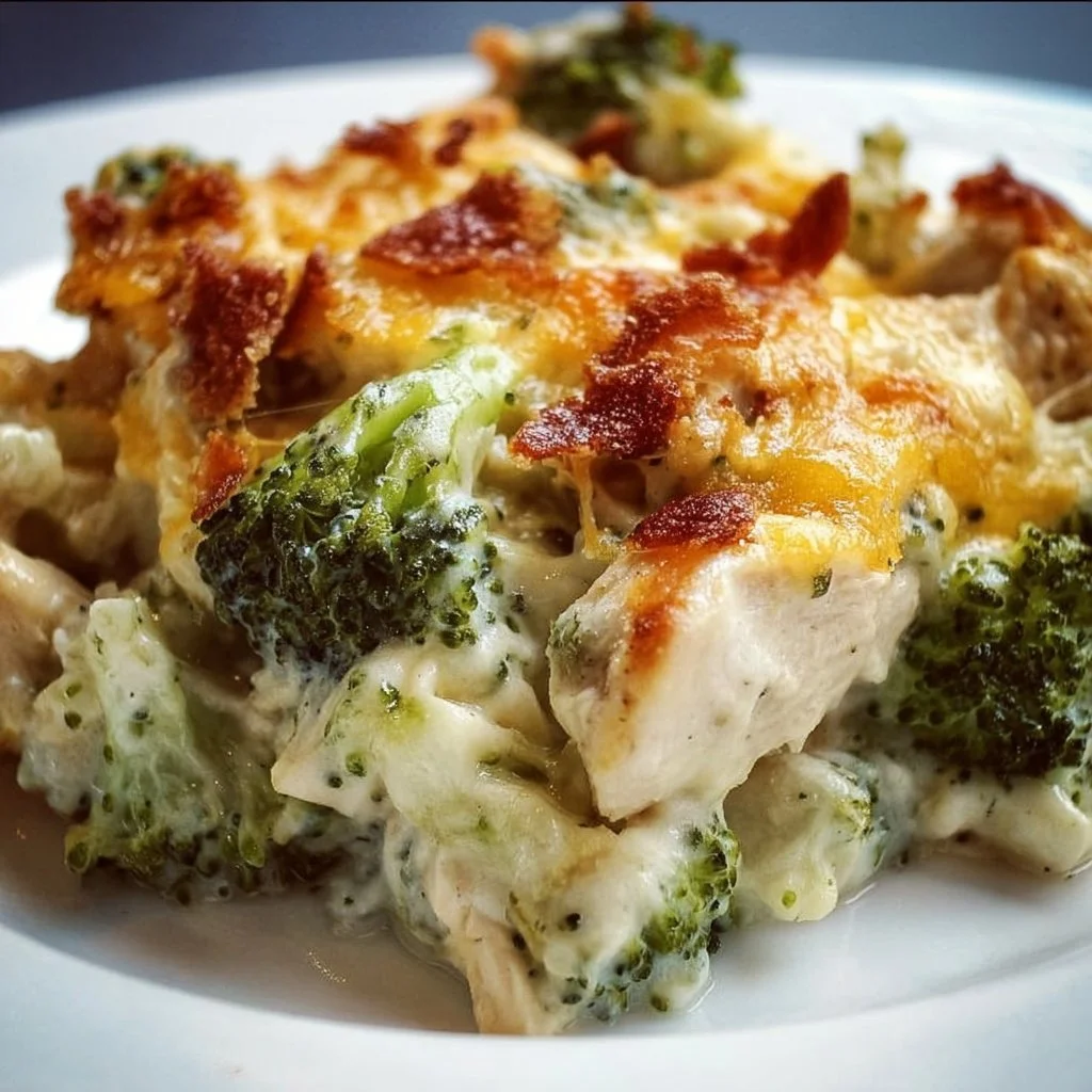 Creamy broccoli chicken casserole dish ready to serve with fresh broccoli and chicken.