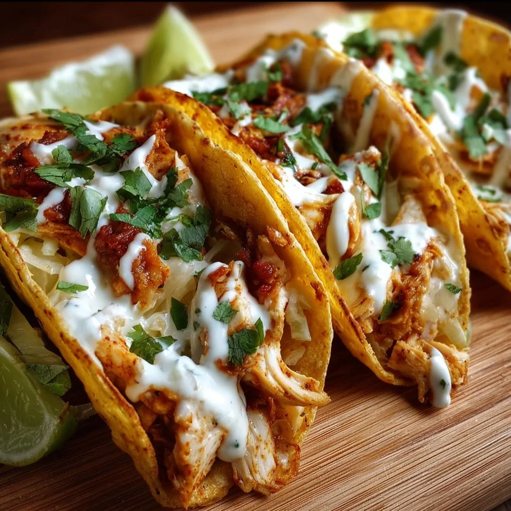 Creamy cheddar ranch chicken tacos topped with fresh ingredients