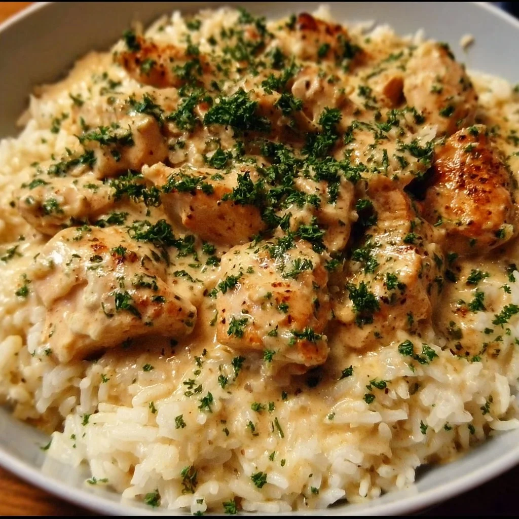 Creamy Chicken and Rice 3 Creamy chicken and rice dish served in a bowl with fresh herbs