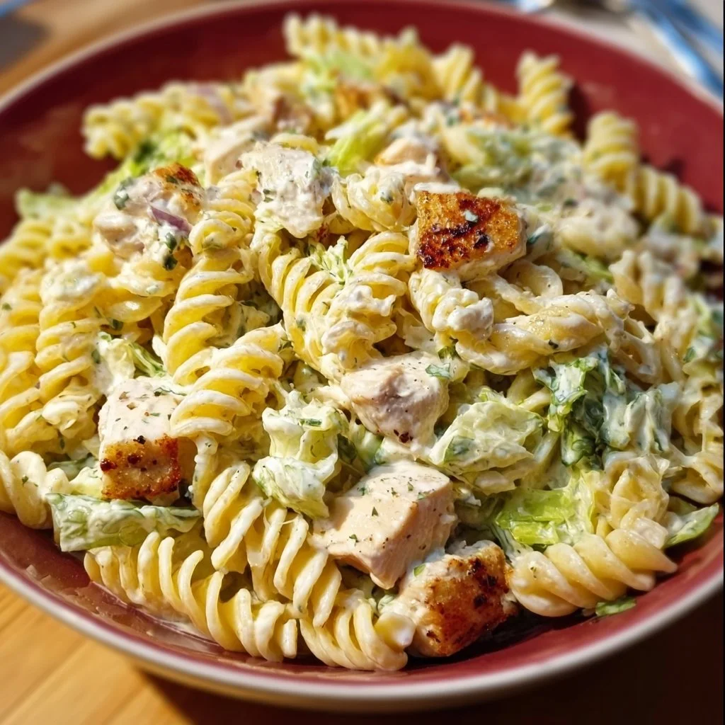 Creamy chicken pasta salad served in a bowl with fresh ingredients