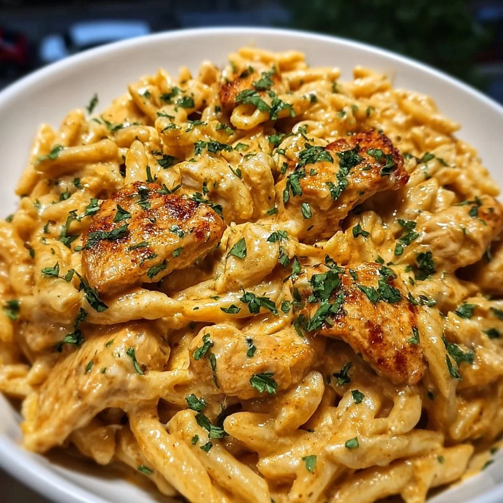 Creamy cowboy butter chicken pasta served in a bowl with herbs and spices.