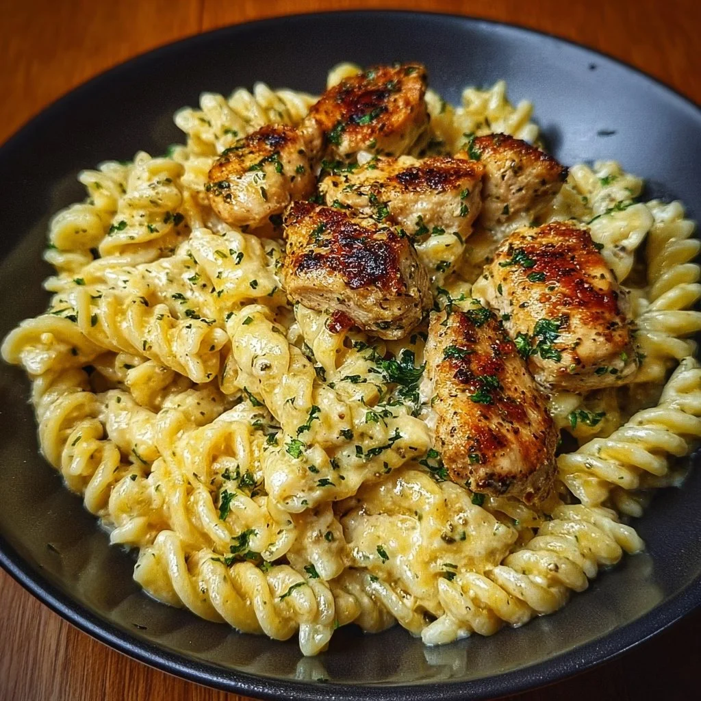 Creamy Garlic Parmesan Chicken Pasta 3 Creamy garlic parmesan chicken pasta dish garnished with parsley and served in a bowl.