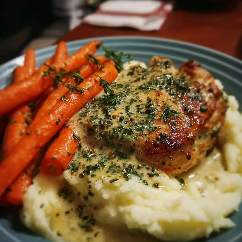 Creamy Herb Chicken with Mashed Potatoes and Honey Glazed Carrots 2 Creamy Herb Chicken served with mashed potatoes and honey glazed carrots