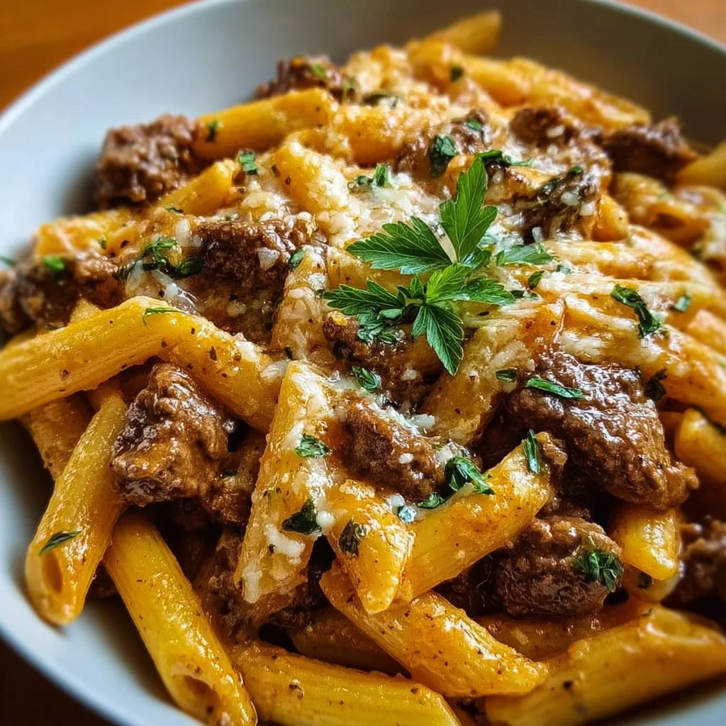 Creamy High Protein Beef Pasta 2 Creamy high protein beef pasta dish with herbs and cheese