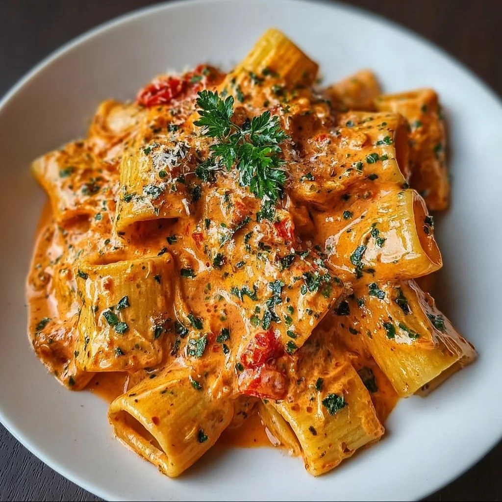 Creamy tomato garlic pasta served in a white bowl with fresh basil garnishing.