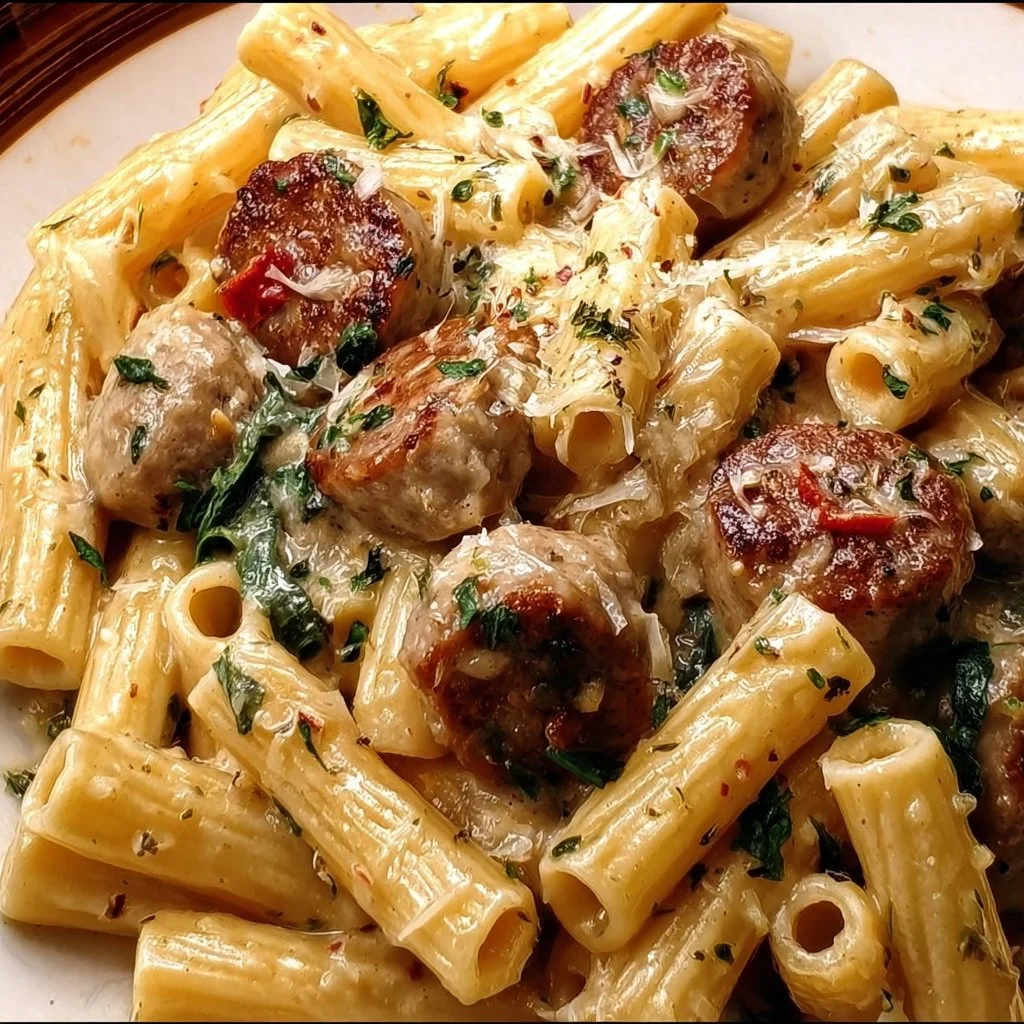 Plate of creamy Tuscan sausage pasta with herbs and cheese.