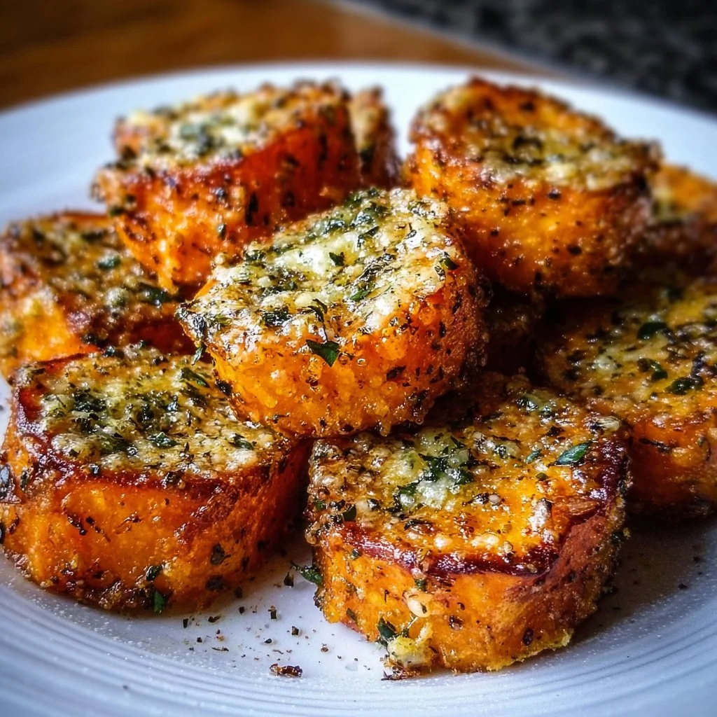 Crispy baked sweet potato bites topped with parmesan and herb butter.