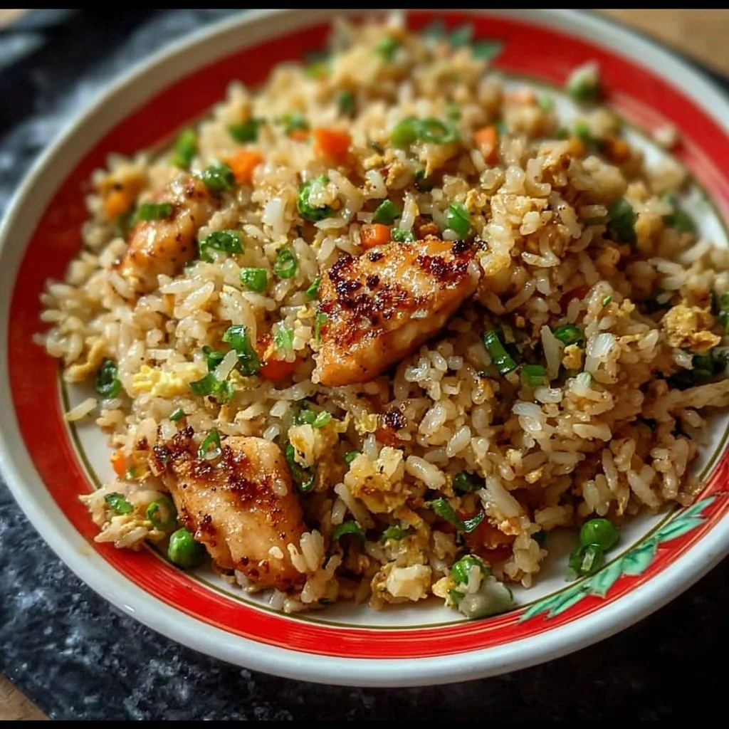 Plate of crispy garlic chicken fried rice garnished with fresh herbs