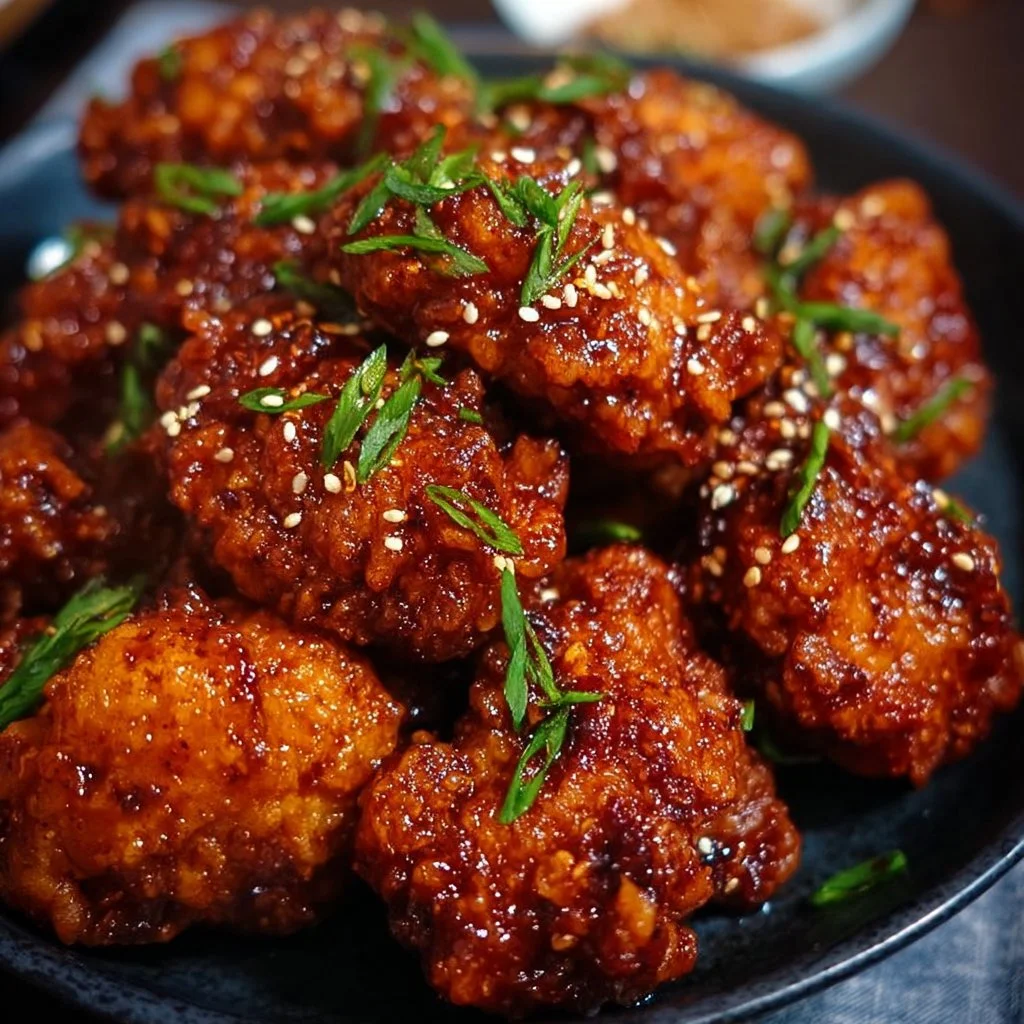 Crispy Korean Fried Chicken served with dipping sauce and garnished with green onions.