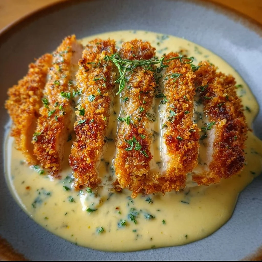 Crispy Parmesan Chicken with Creamy Garlic Sauce 3 Plate of Crispy Parmesan Chicken drizzled with Creamy Garlic Sauce