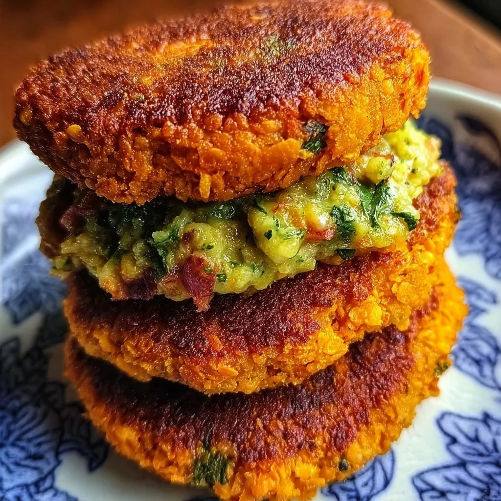 Crispy sweet potato and red lentil patties served on a plate