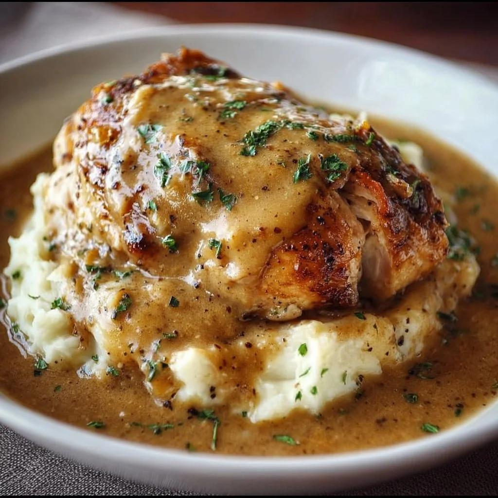 Crockpot Chicken and Gravy served on a plate with mashed potatoes