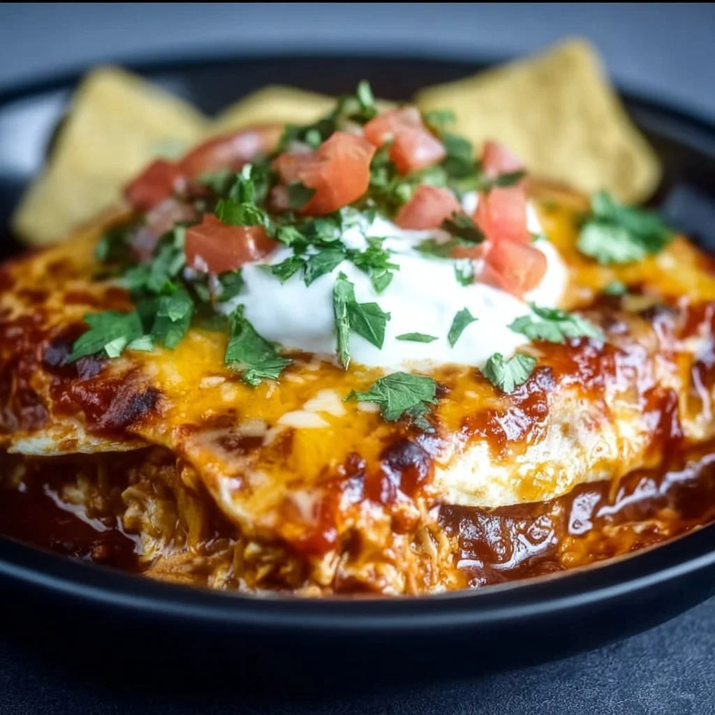 Crockpot Chicken Enchilada Casserole 3 Crockpot chicken enchilada casserole served in a dish with toppings