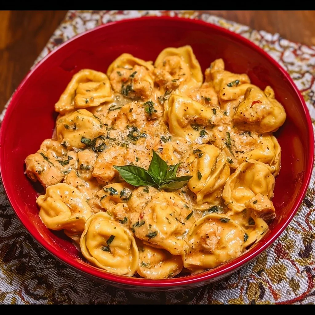 Delicious CrockPot Chicken Tortellini served in a bowl with fresh herbs