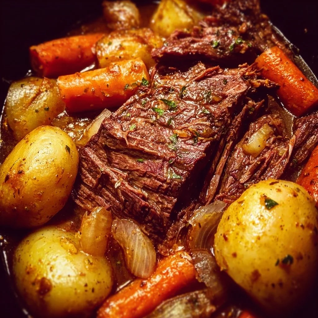 Delicious crockpot chuck roast with vegetables ready to serve