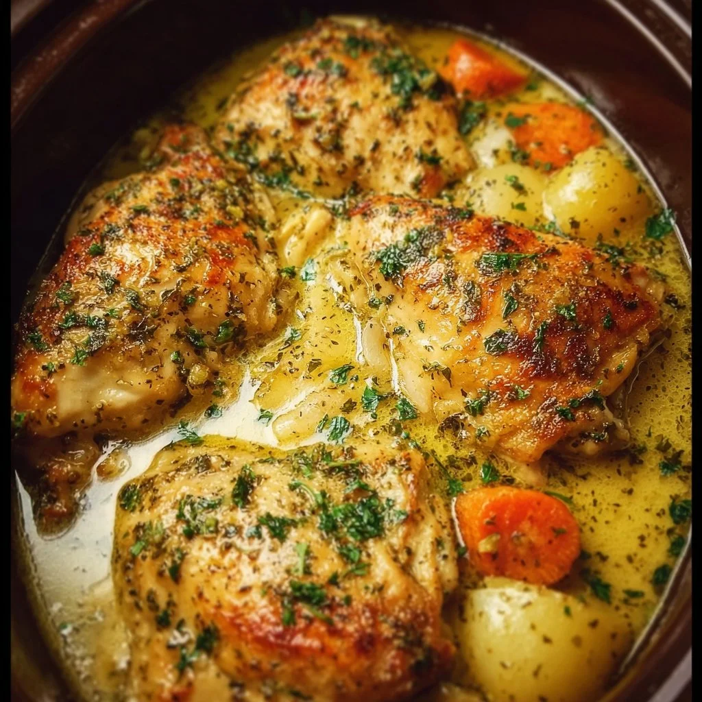 Crockpot Garlic Butter Chicken served with herbs and spices