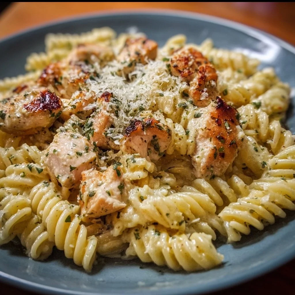 Crockpot Garlic Parmesan Chicken Pasta served in a white bowl with herbs