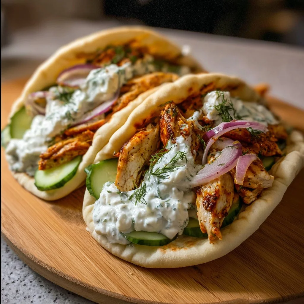 Crockpot Greek Chicken Pitas with Tzatziki 2 Crockpot Greek Chicken Pitas topped with fresh Tzatziki sauce