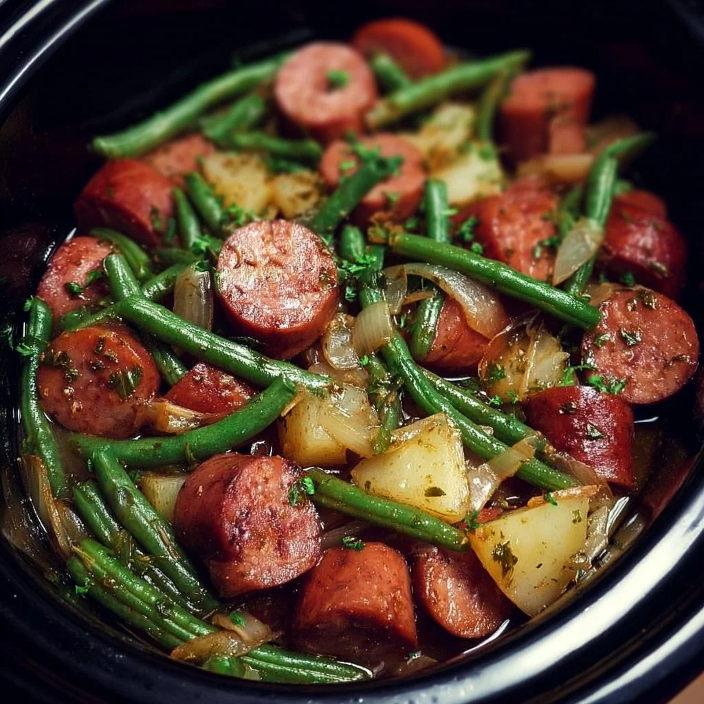 Crockpot Kielbasa and Green Beans 3 Crockpot Kielbasa and Green Beans cooking in a slow cooker