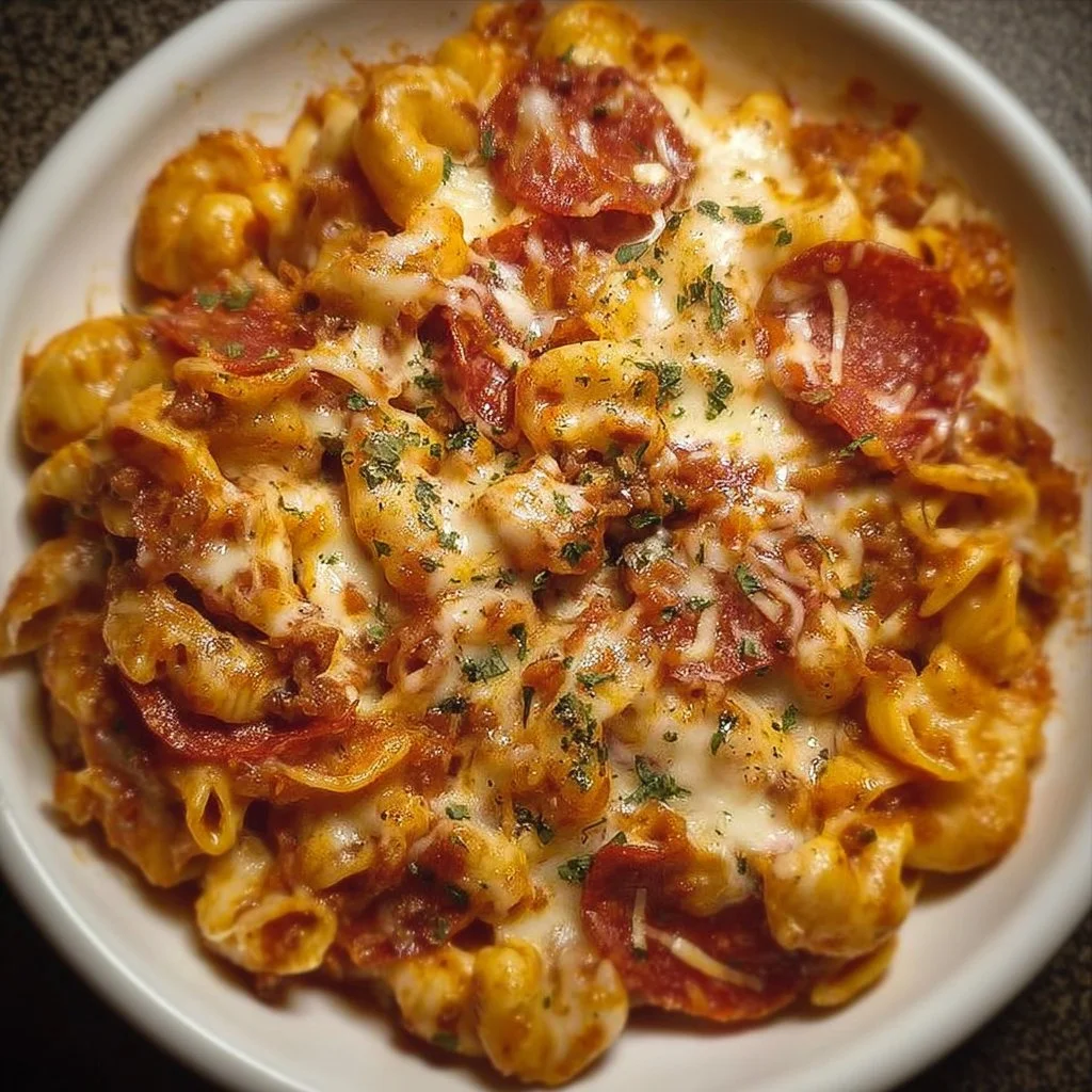 Crockpot Pizza Pasta dish topped with cheese and herbs, ready to serve.