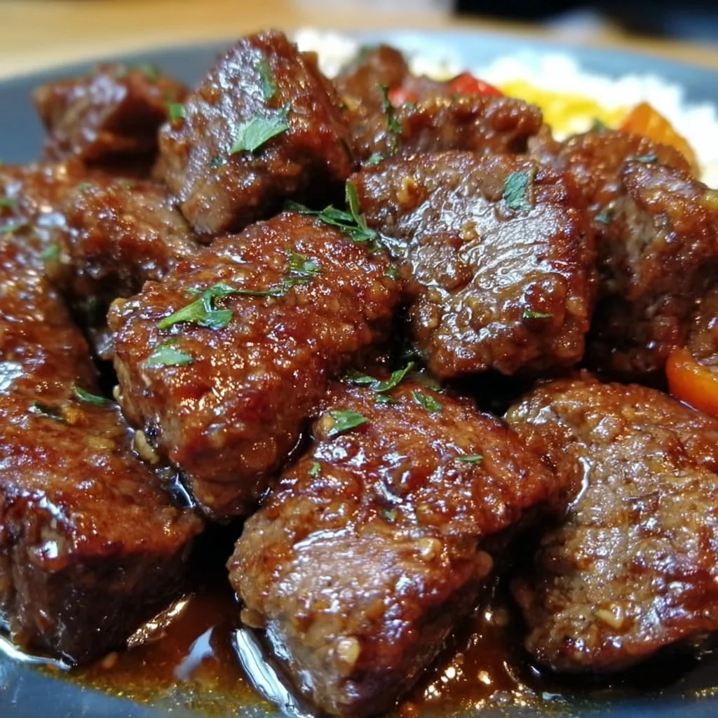Delicious crockpot steak bites served on a plate