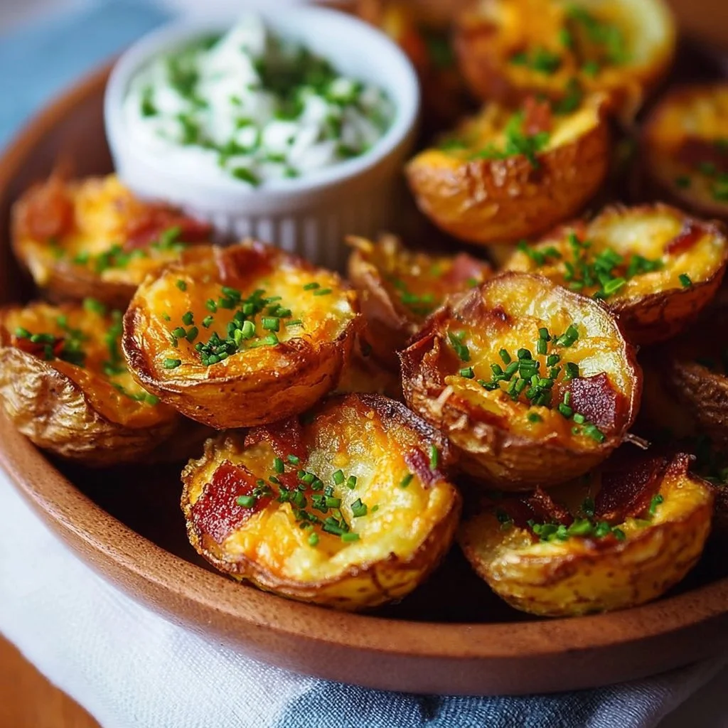 Delicious crunchy mini potato skins topped with cheese and bacon