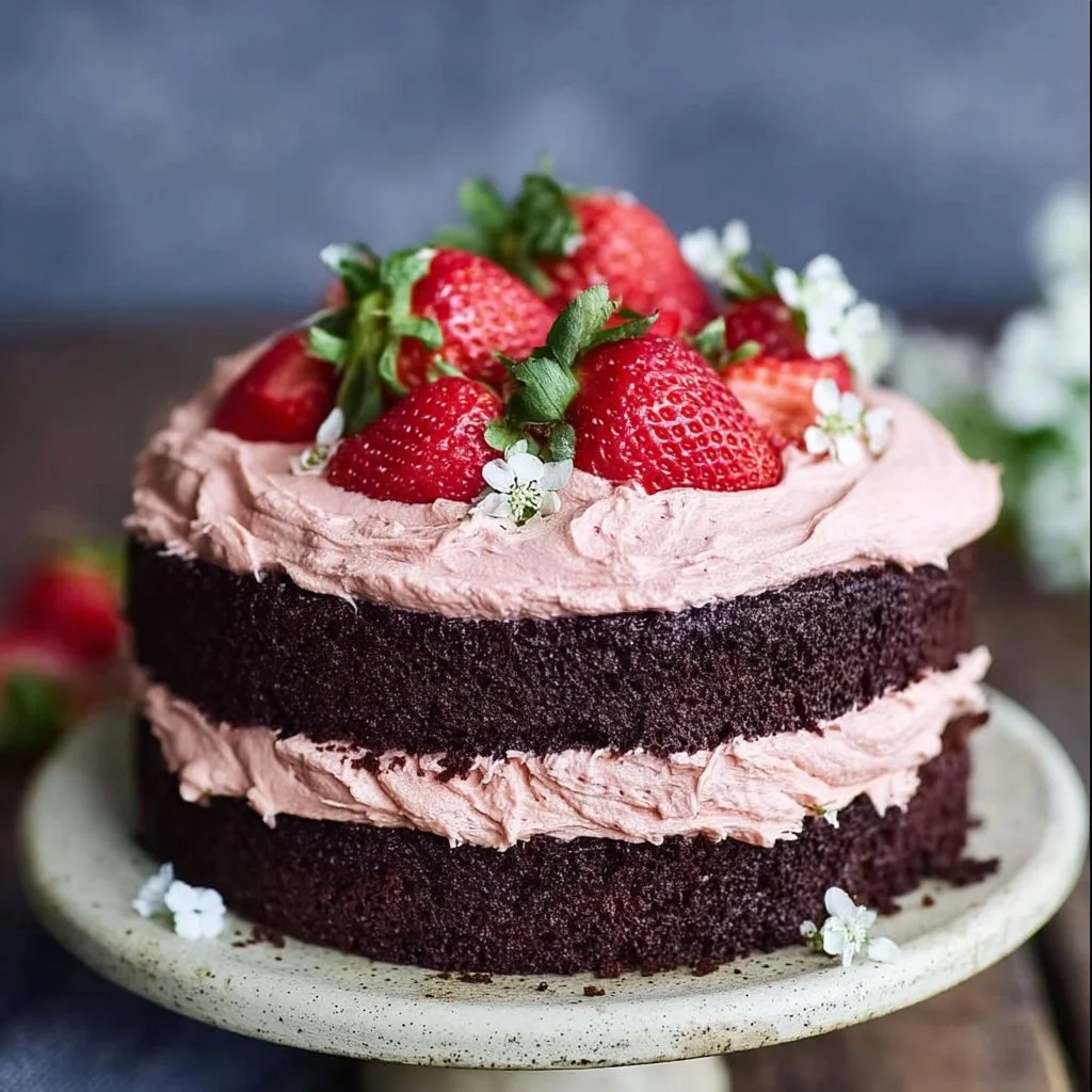 Dairy and gluten-free chocolate cake with strawberry buttercream frosting