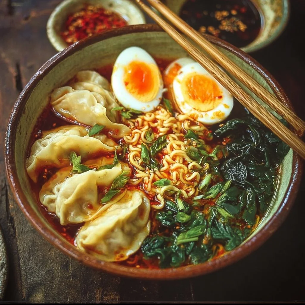 Delicious dumpling ramen bowl with fresh ingredients and rich broth