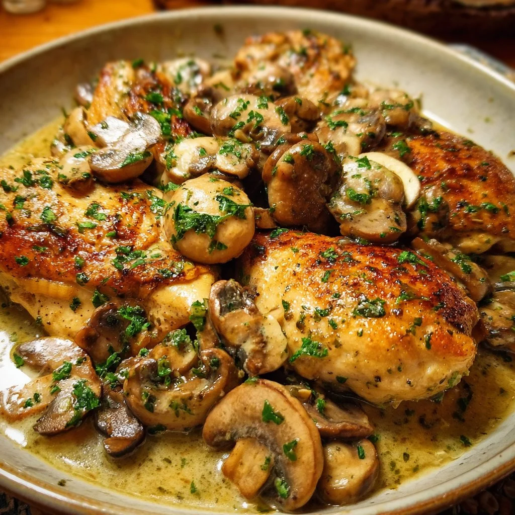 Easy chicken dinner with garlic and mushrooms in a skillet