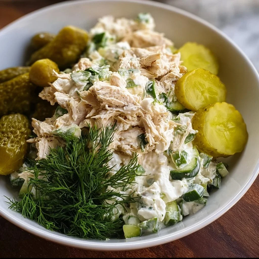 Bowl of easy dill pickle chicken salad high in protein and low in carbs.