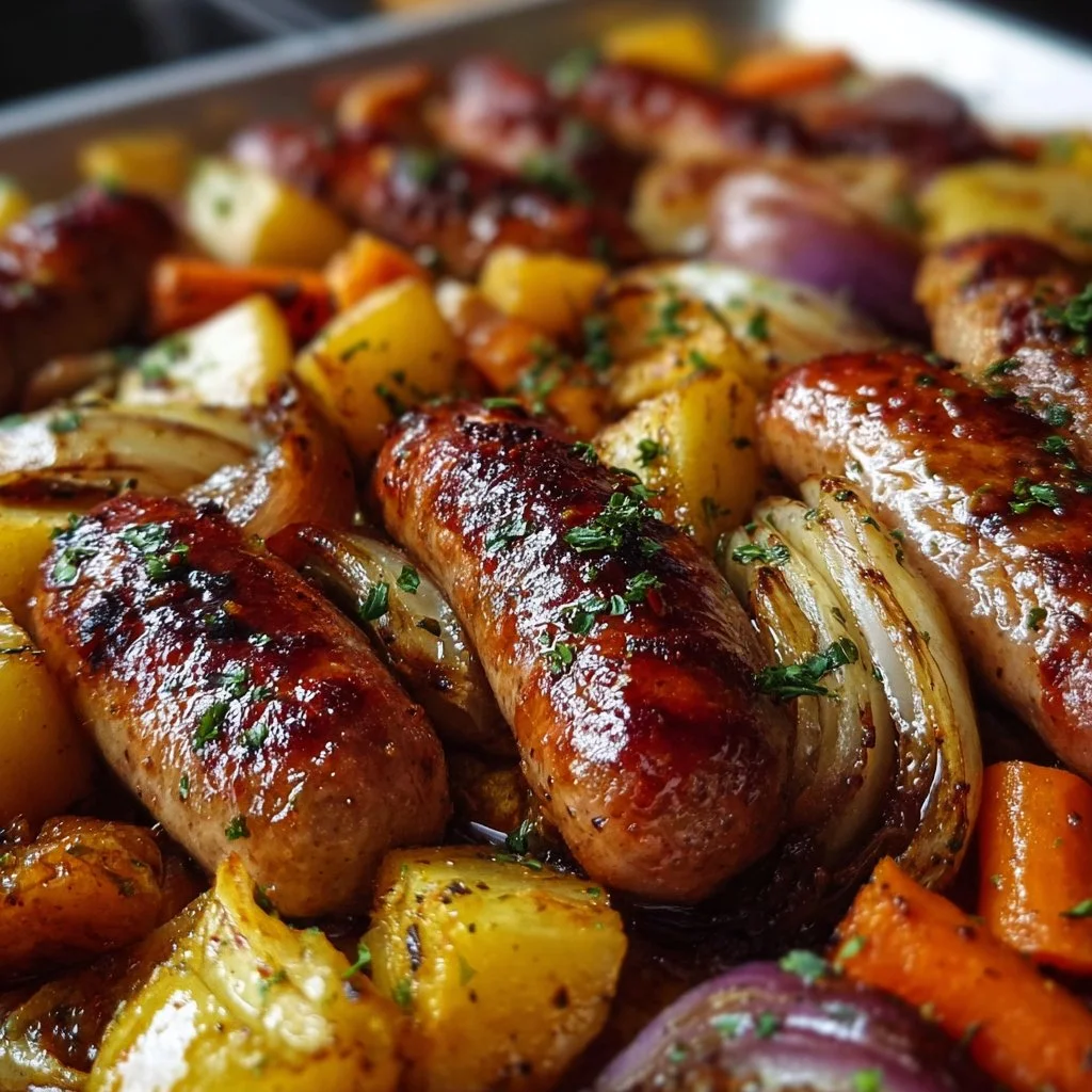 Delicious honey garlic sausage on a sheet pan ready to be served.