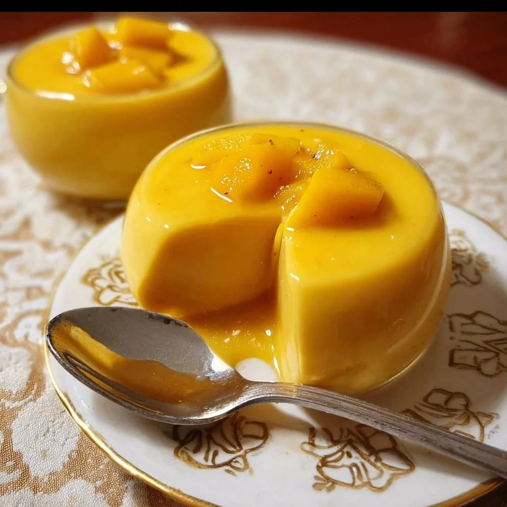 Delicious easy simple mango pudding served in a clear dish with fresh mango slices.