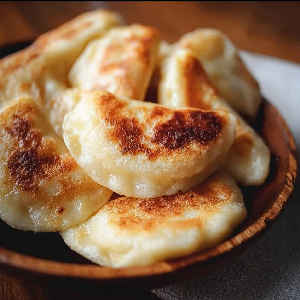 Plate of homemade gluten-free perogies served with sour cream and herbs
