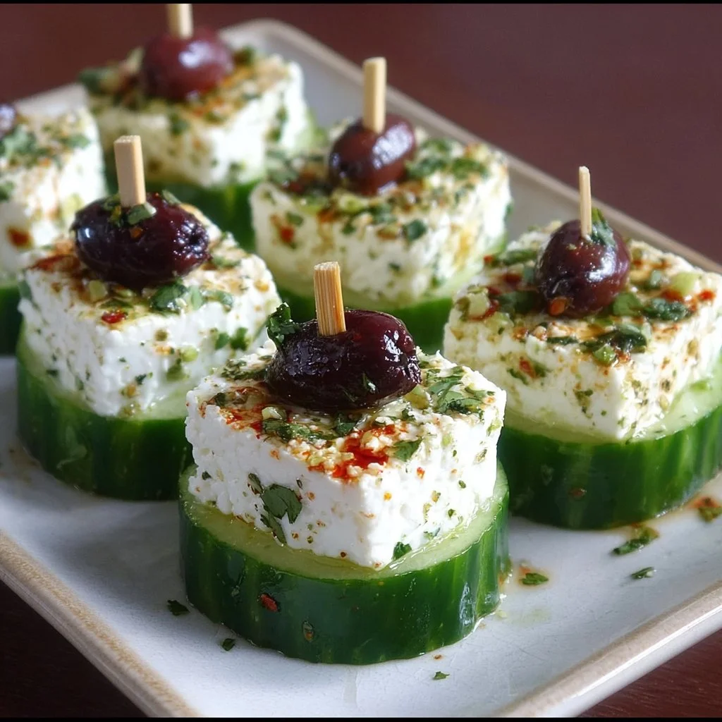 Feta cucumber bites served on a platter, garnished and ready to enjoy.