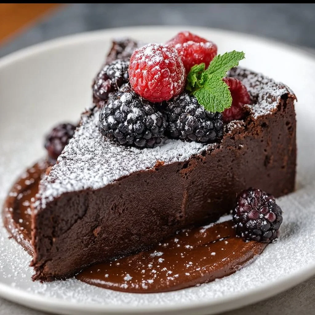 Decadent flourless chocolate cake topped with chocolate ganache and berries.